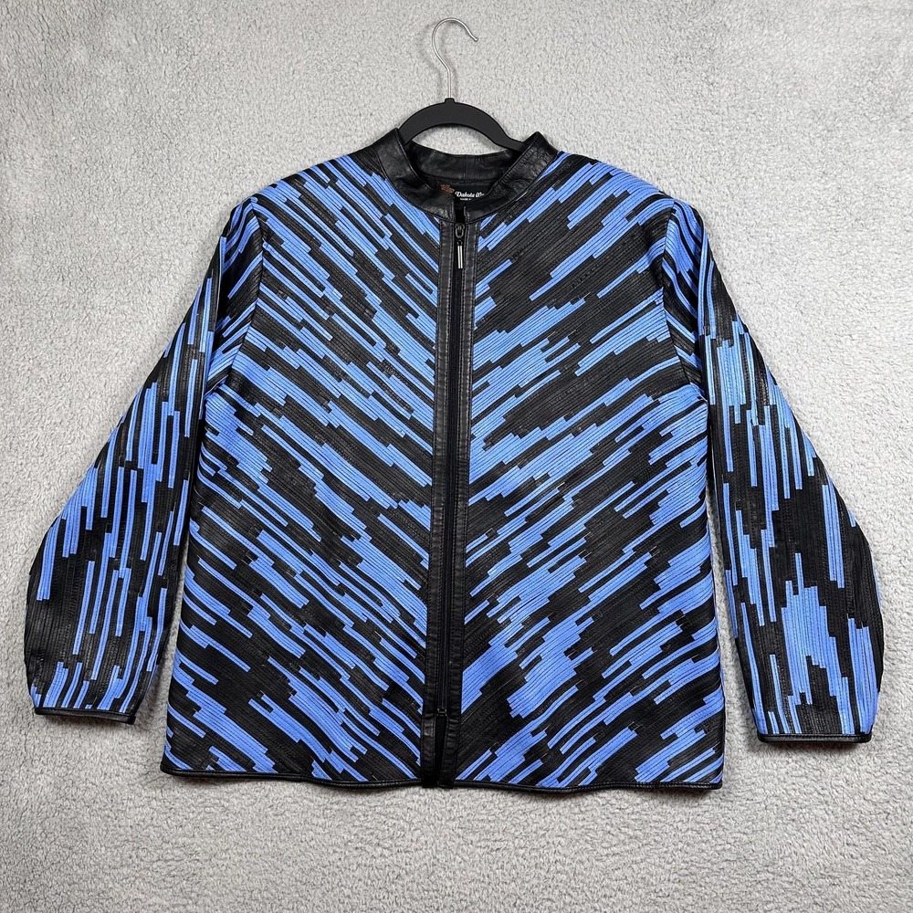 Dakota West Jacket Women‎ 3XL Black Blue Lambskin Leather Zip Front Abstract